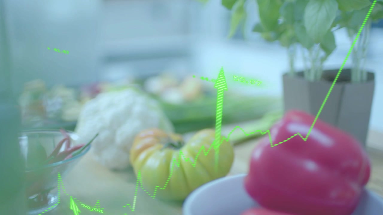 Gráficos verdes aparecendo, fazendo pimentão vermelho mudar o foco, recuando para revelar tomate mostrando dados.