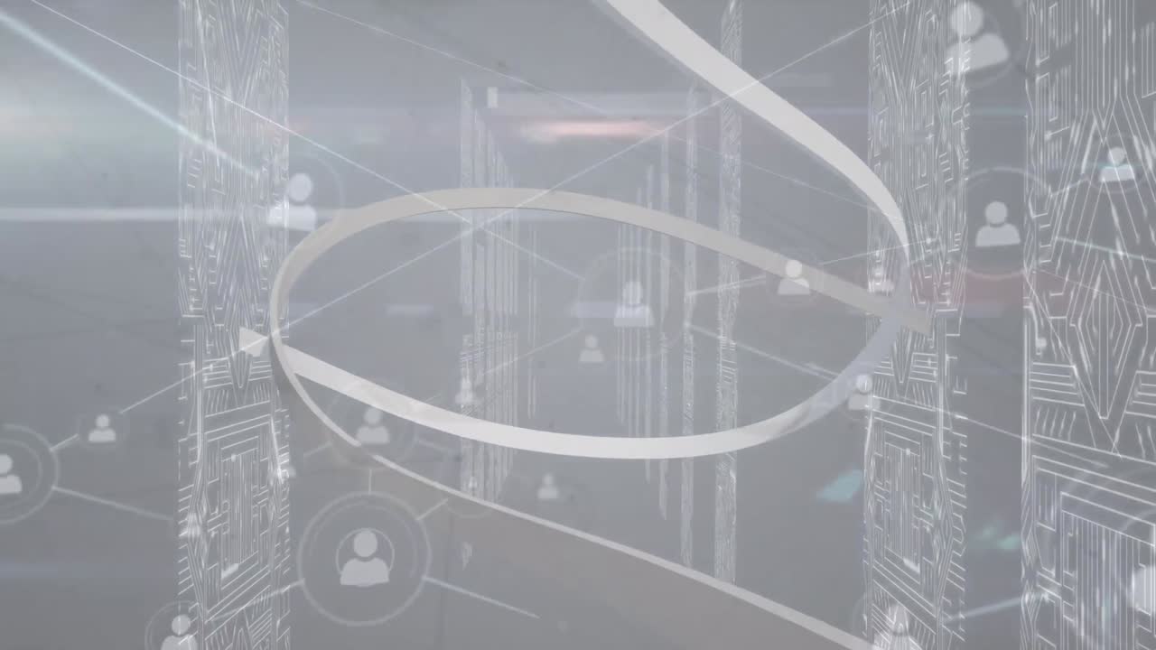 animación de la cinta, conexiones con iconos a través de circuitos integrados en servidores