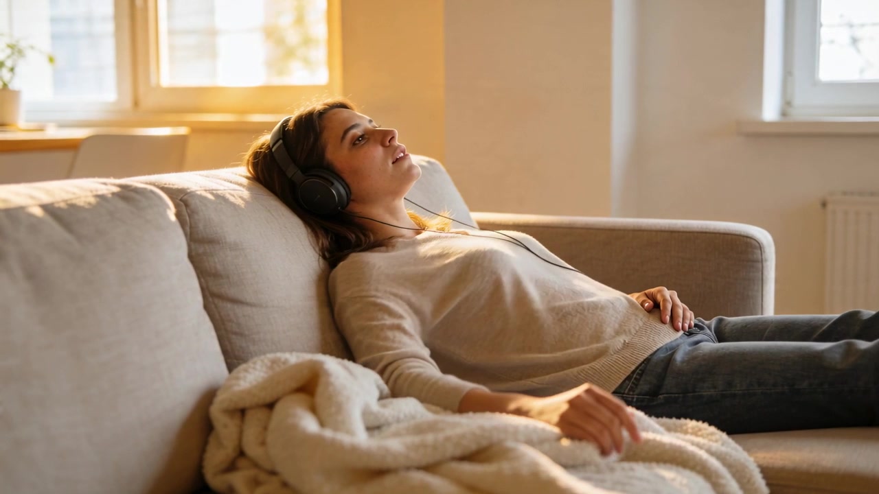 Donna che ascolta reclinata a casa, con l'audio che parte nelle cuffie, che tocca una coperta, indossando una maglia beige