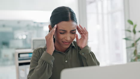 Business,-headache-and-woman-in-office