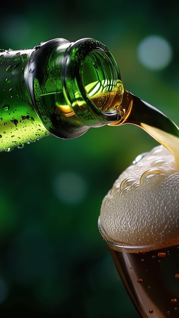 Versata di birra rinfrescante: Immagine accattivante di birra che scorre dalla bottiglia al bicchiere, mostrando bollicine e liquido dorato per gli appassionati di bevande.