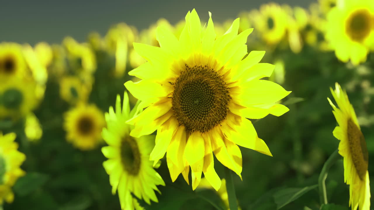 Lyse solsikker i blomst på en pulserende mark midt på dagen