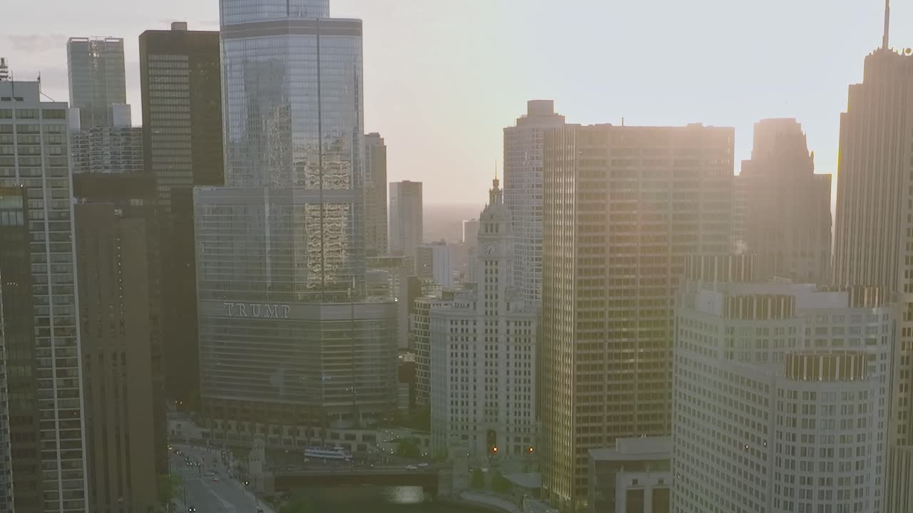 Aerial view of Chicago buildings during sunset in the evening