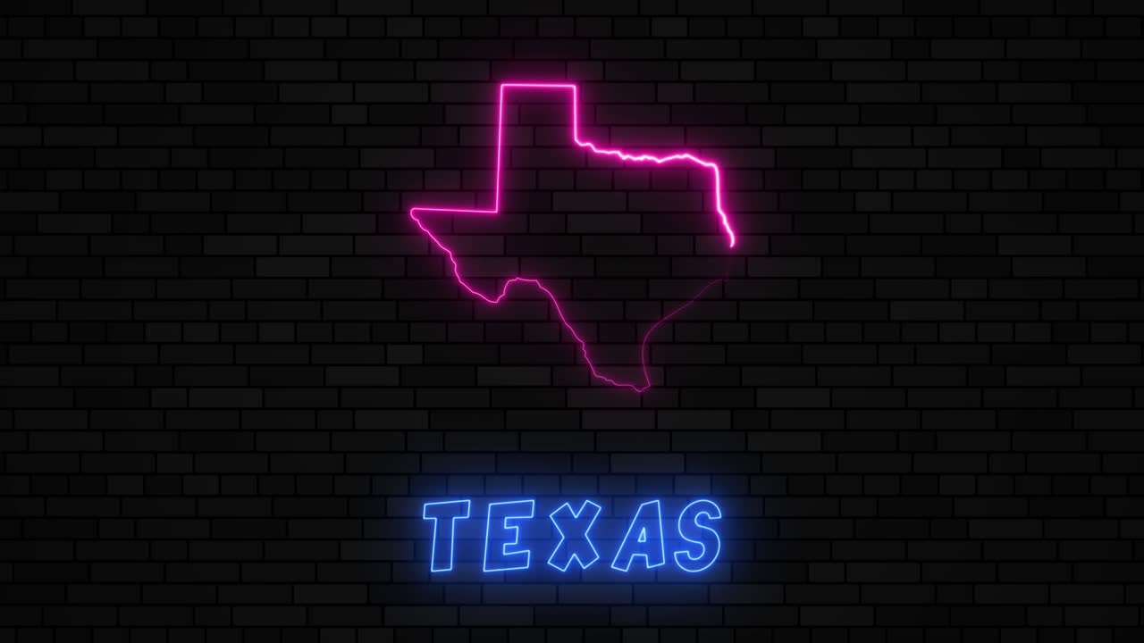 State of Texas map silhouette with neon line on a dark brick wall background