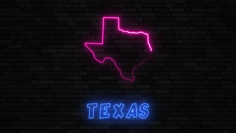 state of texas map silhouette with neon line on a dark brick wall background