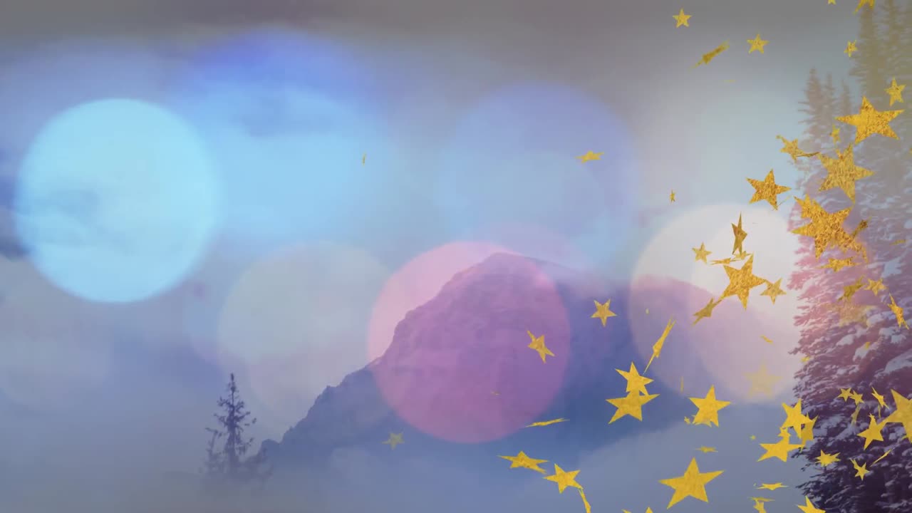 산과 함께 겨울 풍경 위에 별의 애니메이션