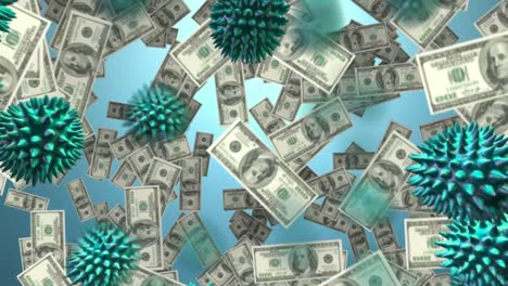 animation of macro covid-19 cells and american dollar bills floating.