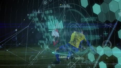 animación de escaneo de alcance y procesamiento de datos sobre hombre caucásico jugando al fútbol.