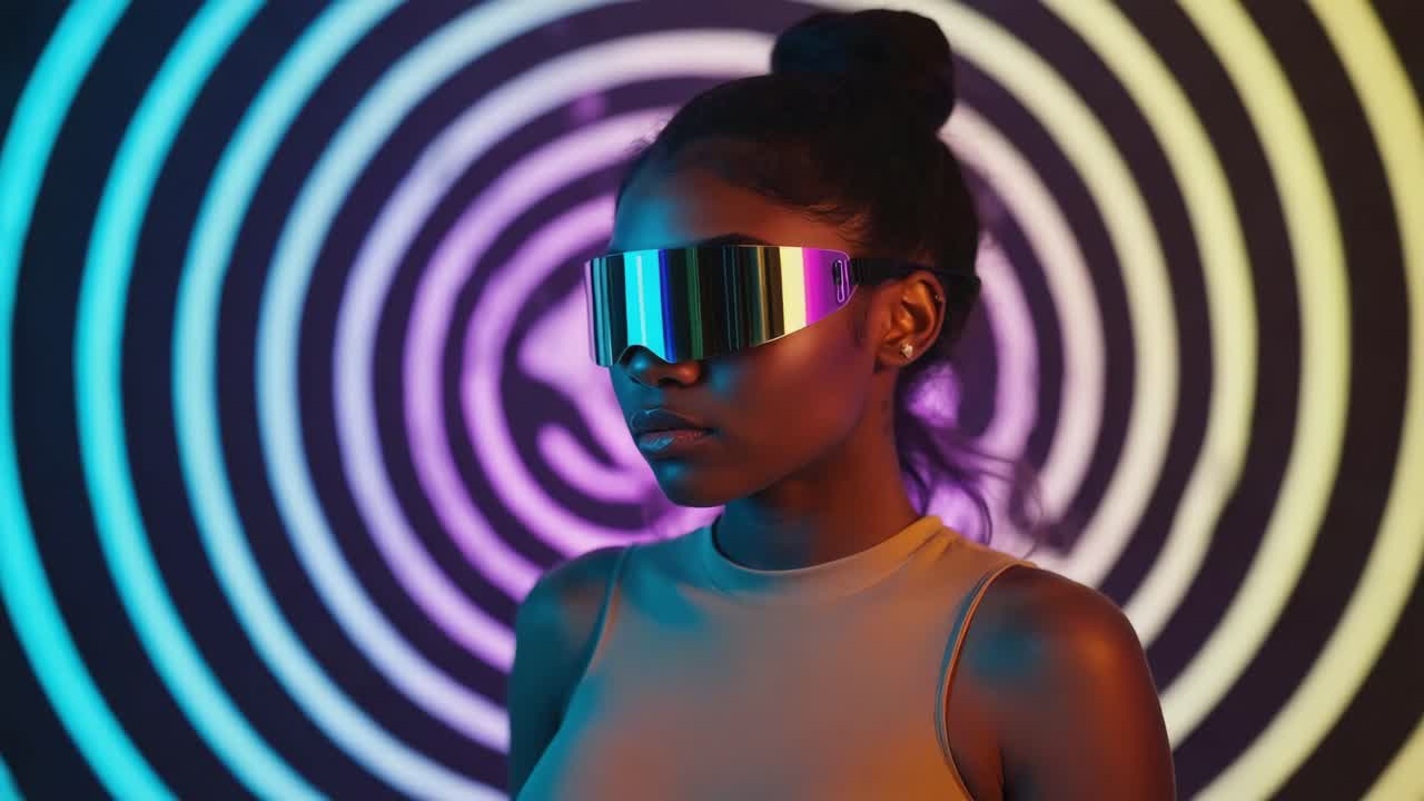 Futuristic woman with visor and neon background