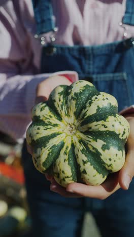 persona que sostiene una calabaza decorativa