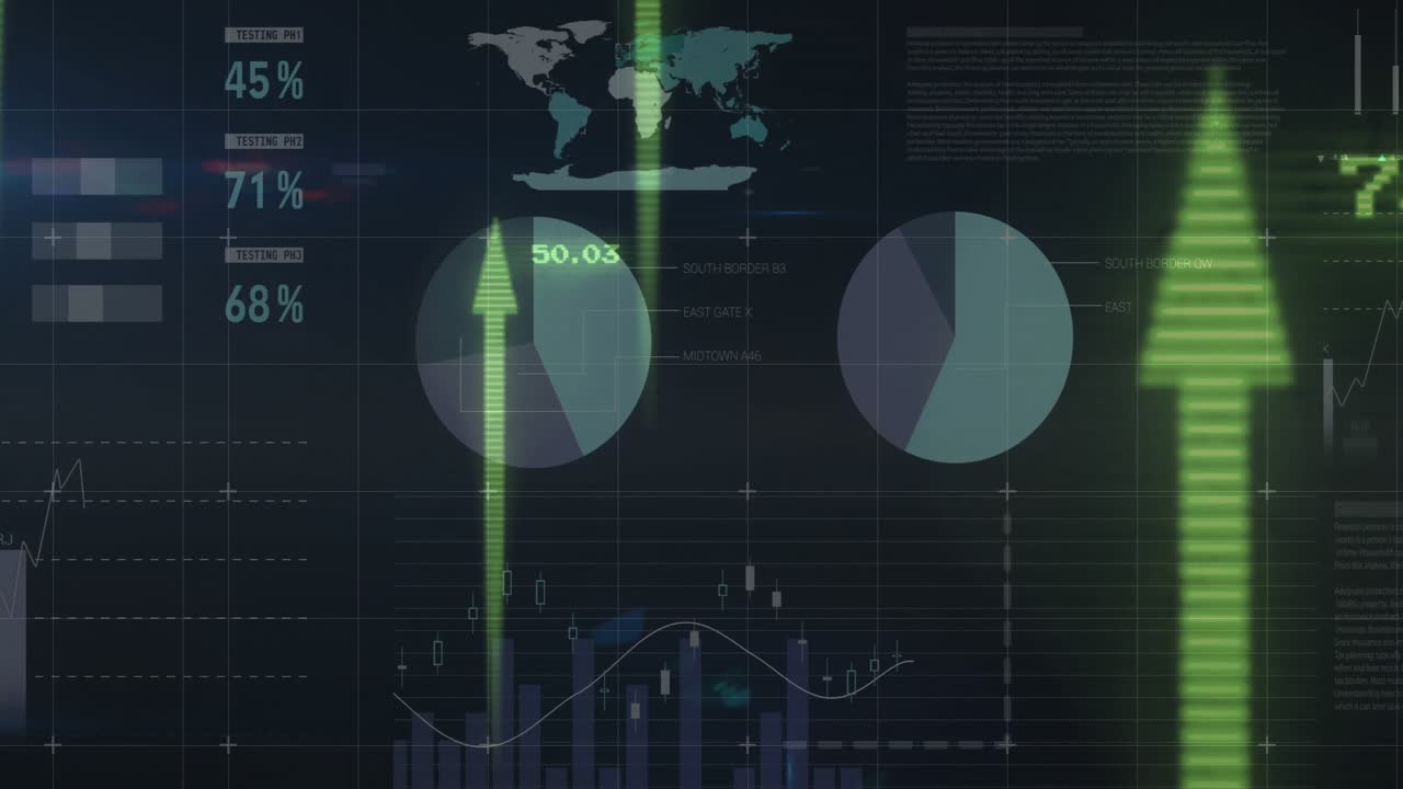 Central green arrow pulsing over dark grid interface, pie charts updating and bar chart fluctuating