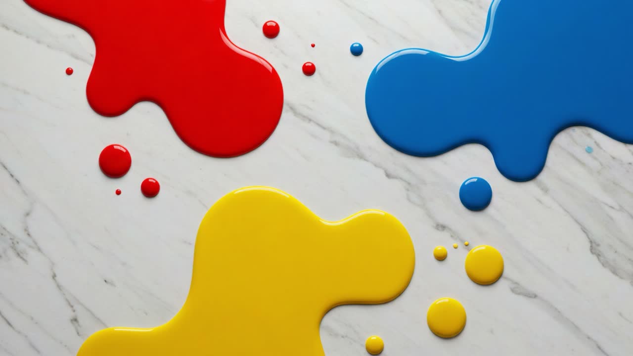 Vibrant Color Blobs Artfully Arranged on a Smooth Marble Surface, Showcasing Red, Blue, and Yellow Paint Droplets in a Playful Composition