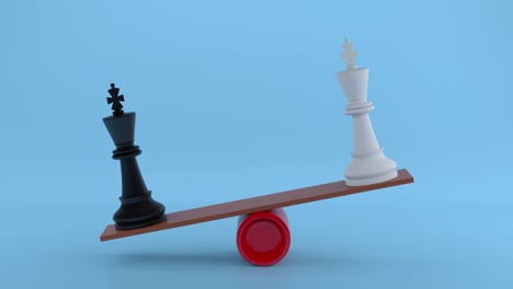 white and black chess kings on seesaw board. 4k animation