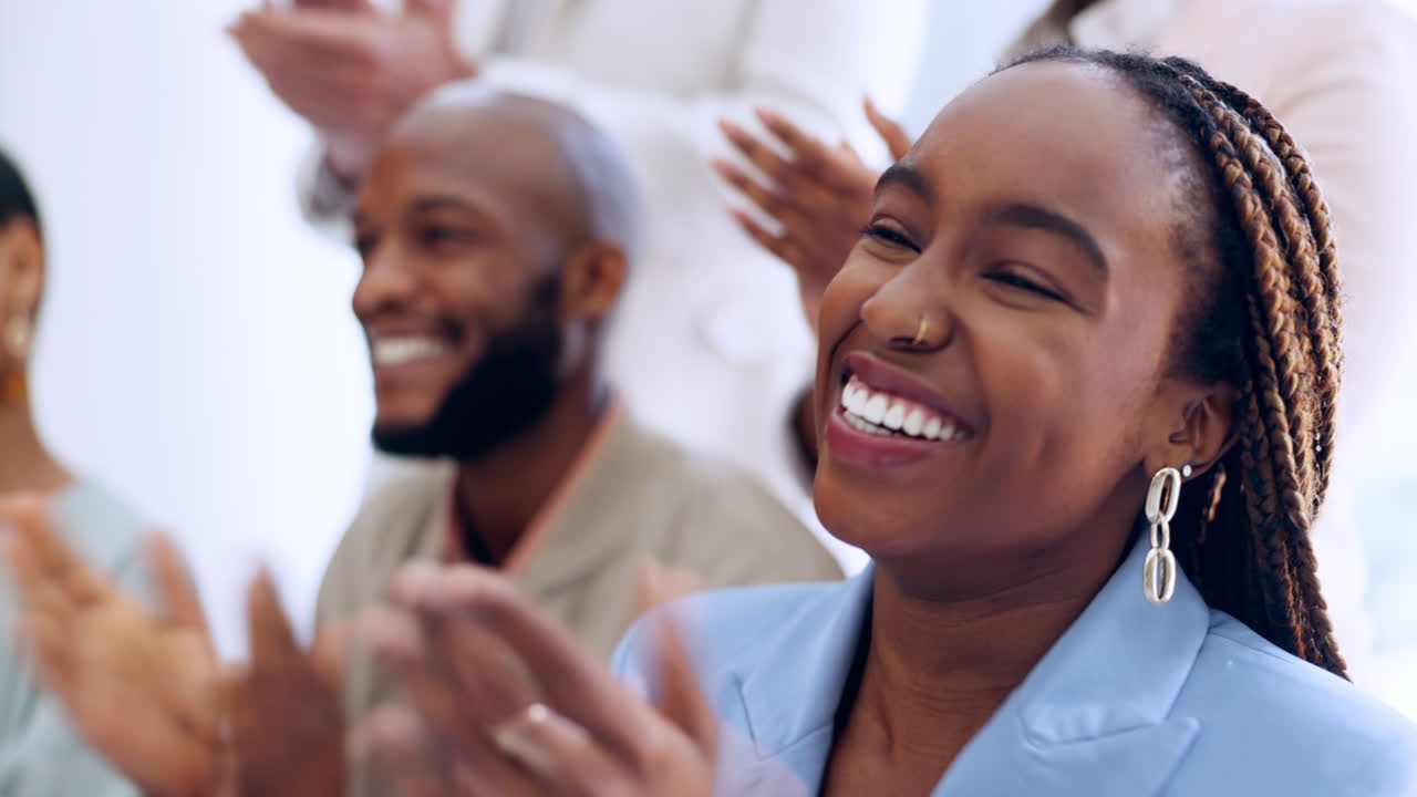 Business, staff and black woman applause