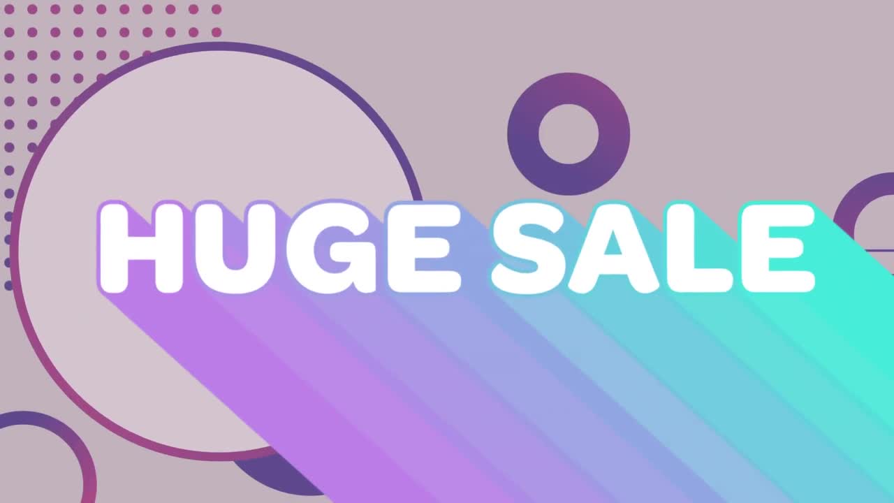 Huge sale graphic with colourful trails on grey background with purple shapes