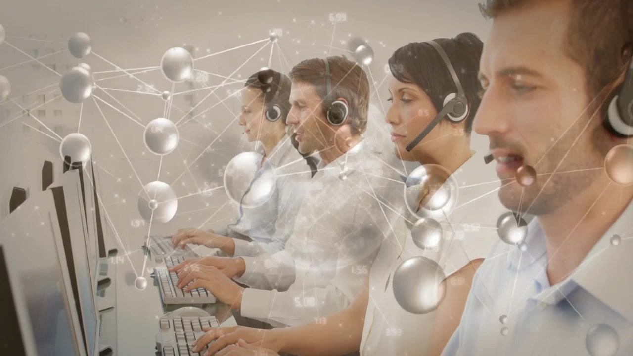 static shot launching network overlay four call center agents typing speaking enhancing workflow