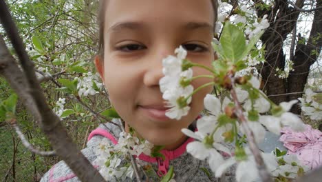 un retrato de niña sobre el fondo de un cerezo en flor