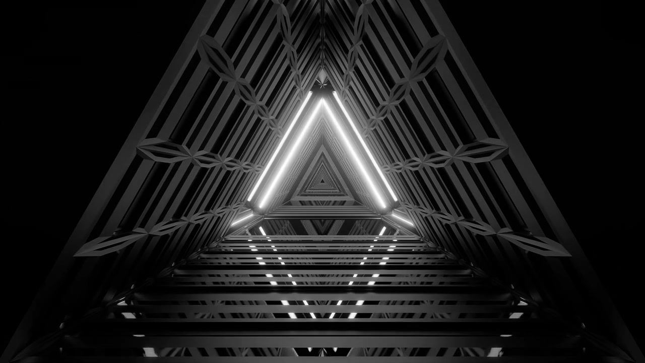 Latar belakang bergerak koridor terowongan fiksi ilmiah segitiga hitam putih futuristik UHD 120fps, wallpaper hidup visual klub loop VJ, hangar kapal luar angkasa fiksi ilmiah futuristik dengan pantulan yang indah