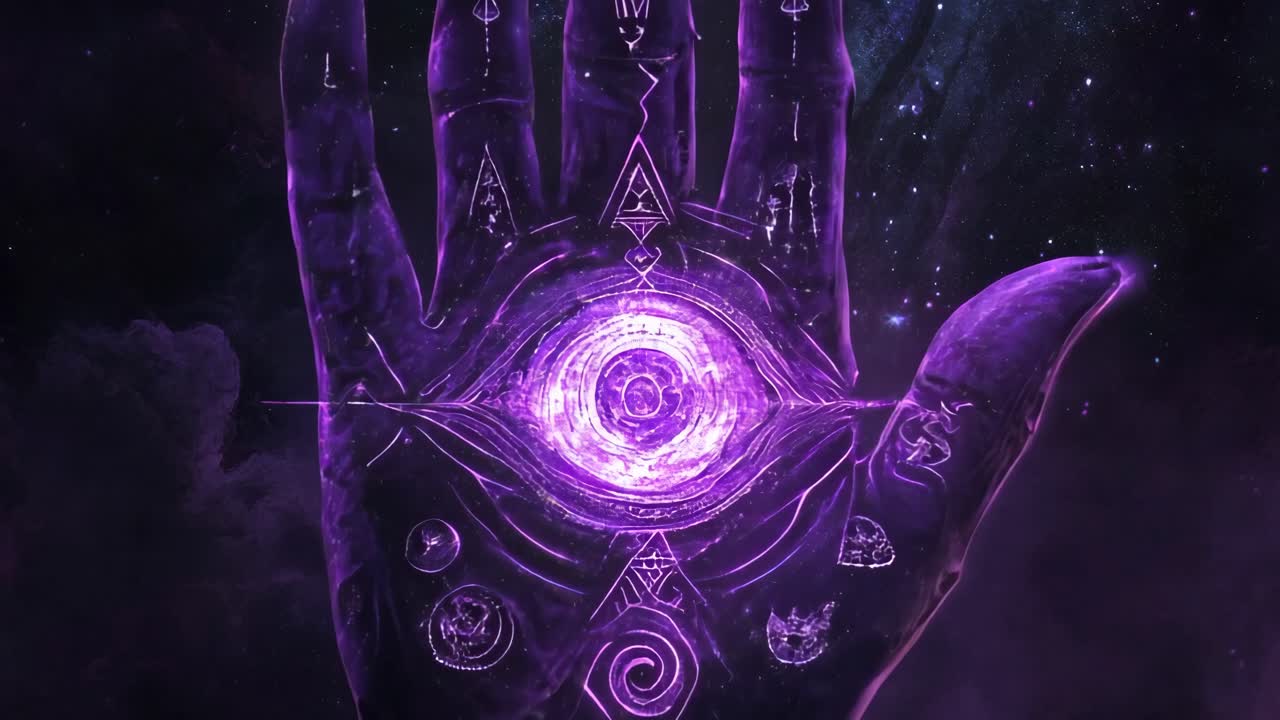 Purple Glowing Magic Hand in the Cosmos