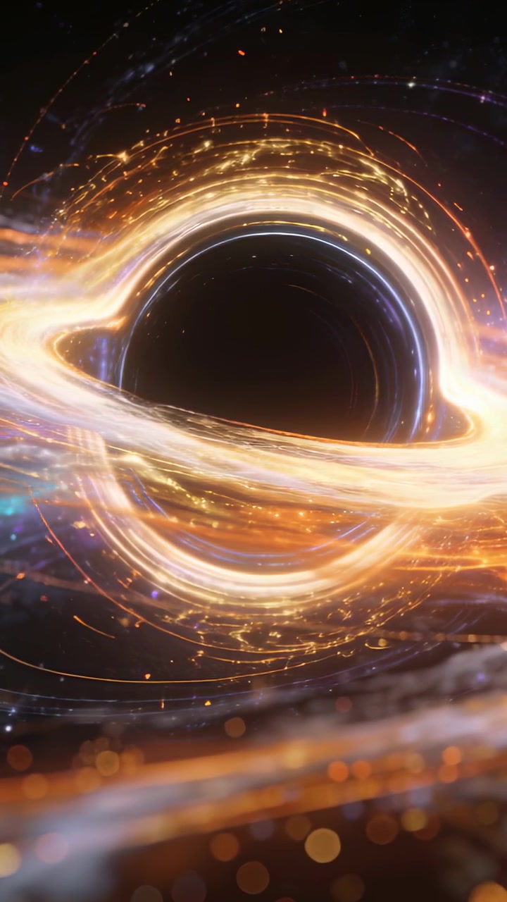 Vertical video: Camera moving to dark void, rotating ring emitting sparks plus plasma band in space