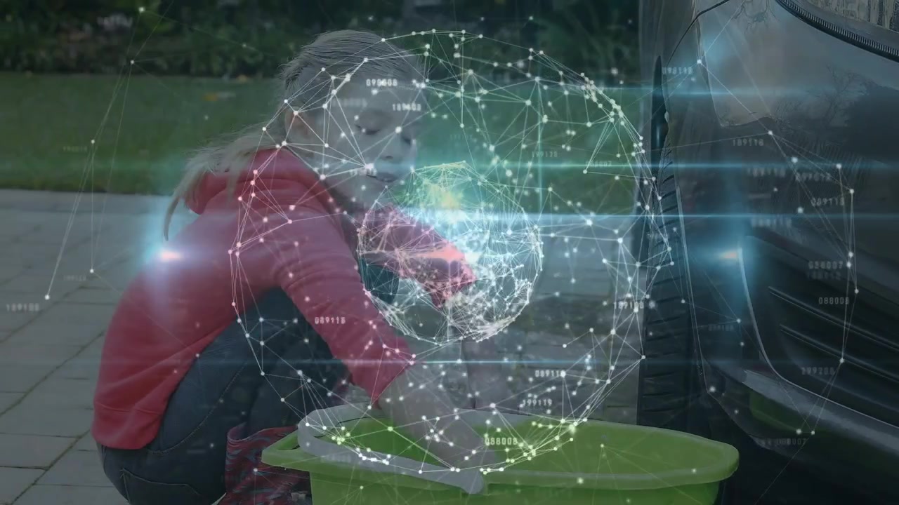 Animation of connecting dots sphere against caucasian girl washing car with sponge in yard