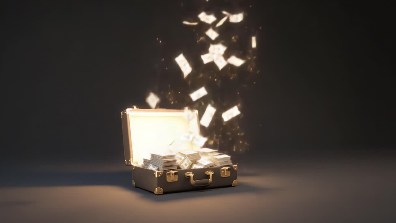 An overflowing suitcase filled with bundles of cash, illuminated from within, depicting the concept of wealth and abundance in a captivating visual narrative that intrigues the viewer