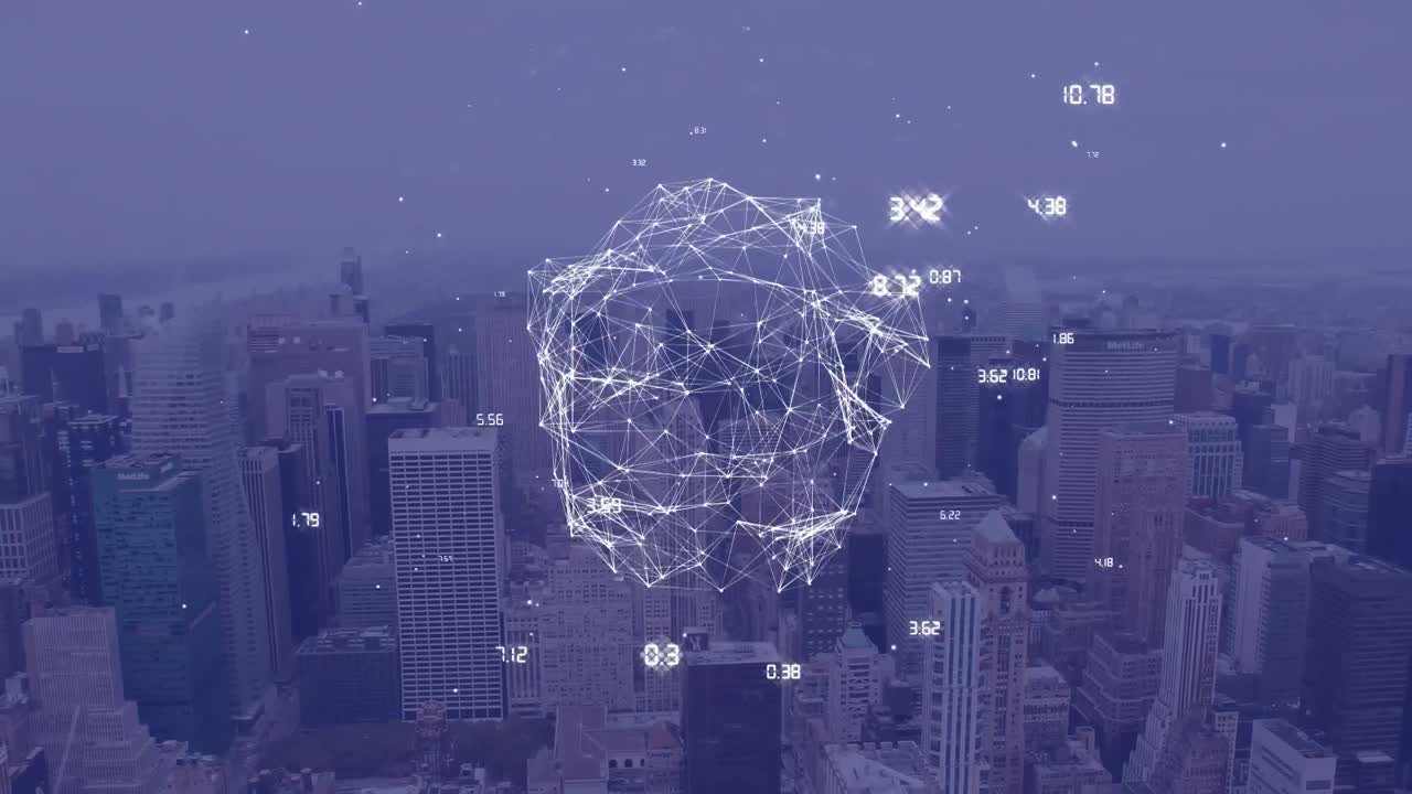 Animazione di un globo su un paesaggio urbano su sfondo blu.