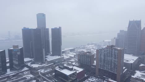 modern office buildings in downtown detroit, aerial drone view