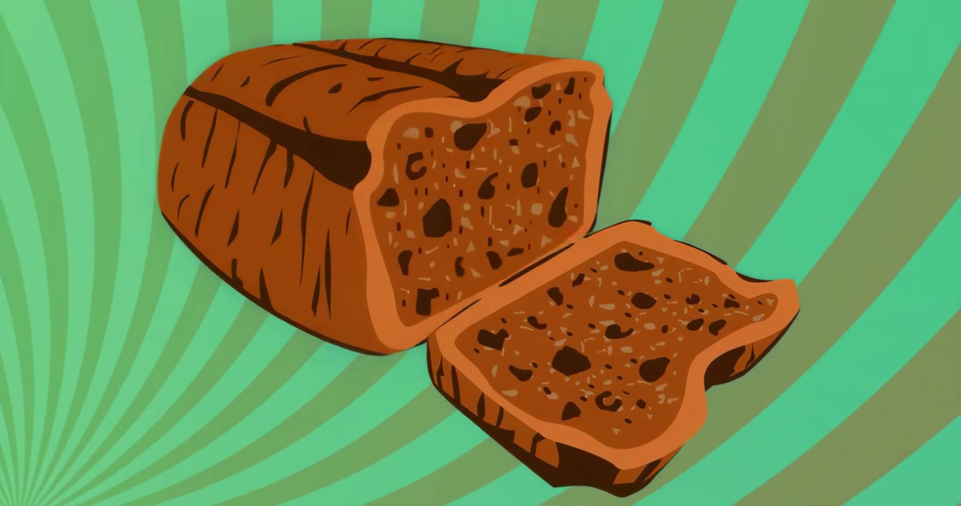 Loaf of brown bread remaining centered with one slice lying beside on green swirl stylized backdrop