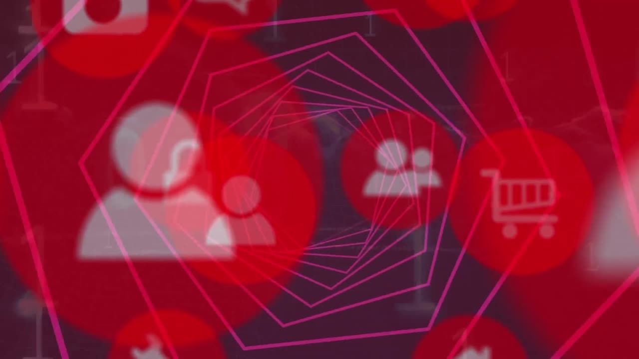 animación de formas hexagonales en un patrón sin costuras sobre codificación binaria y múltiples iconos digitales.