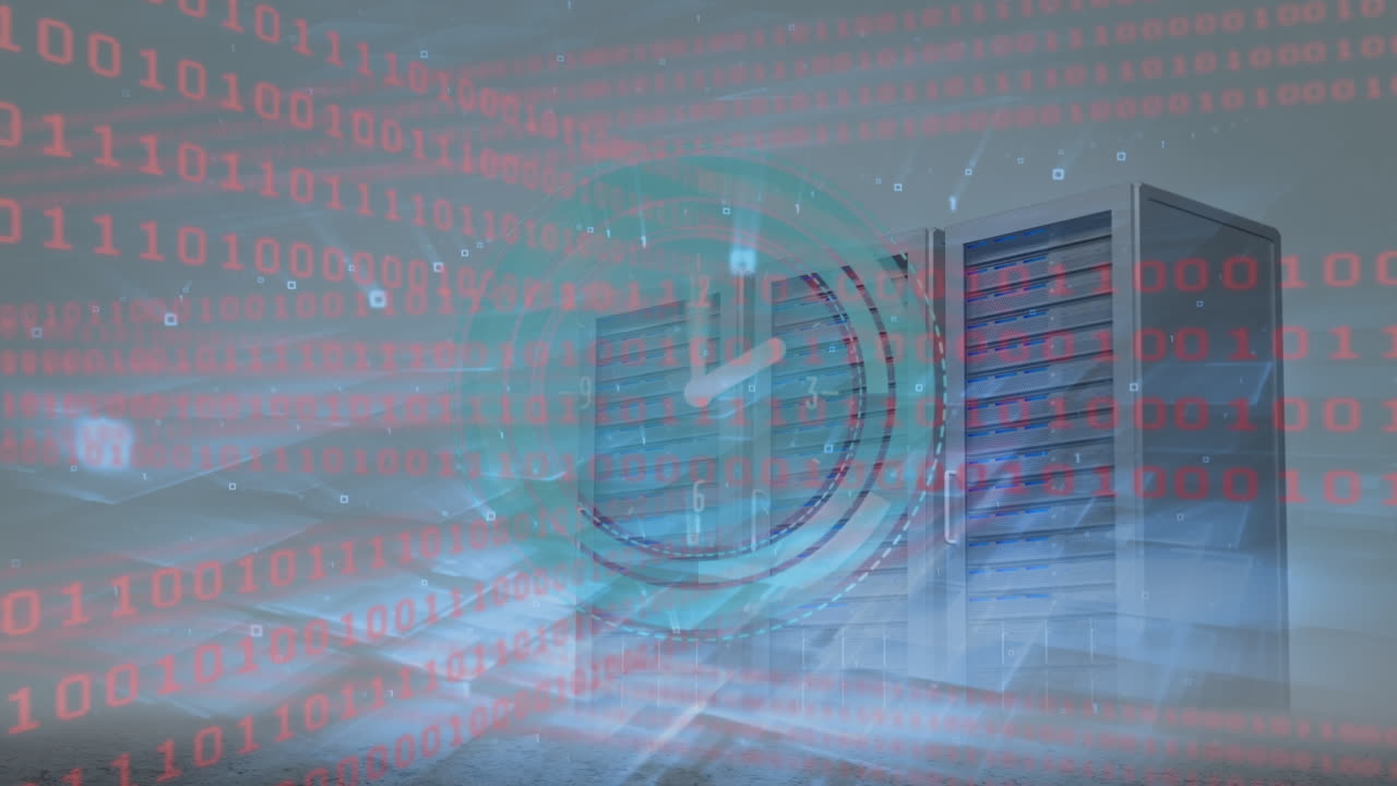 animación del procesamiento de datos y el reloj sobre la sala del servidor