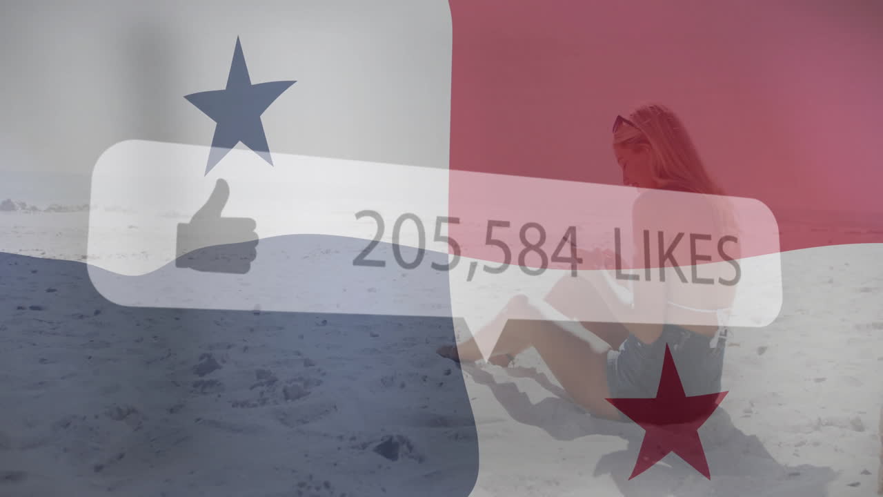 Young woman sitting on beach with Panama flag and likes animation overlay