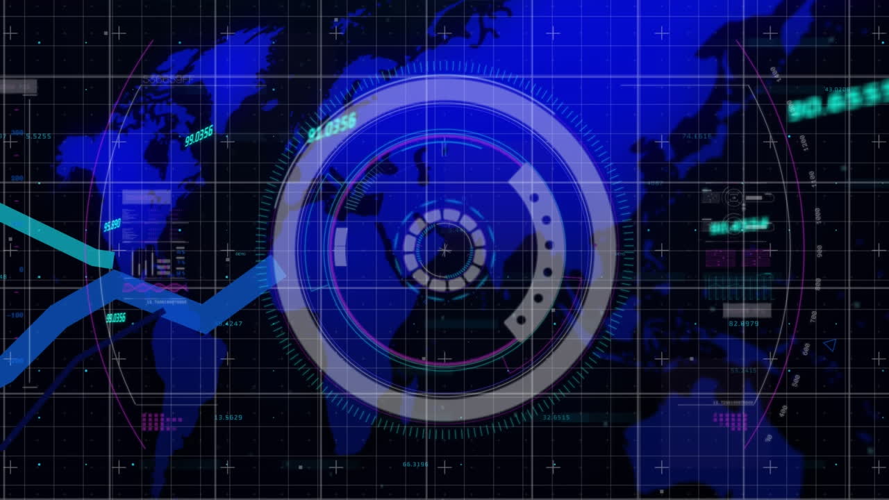 animación del procesamiento de datos y el mapa del mundo sobre fondo negro