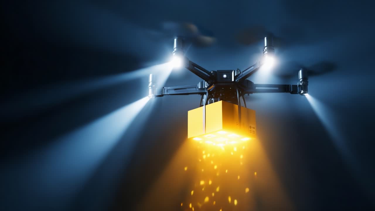 A high-tech drone hovers in the night sky, illuminated by bright lights, delivering a yellow package. The futuristic design showcases the potential of drone technology in logistics and delivery services