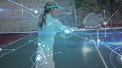 Animation-of-network-of-connections-over-female-tennis-player-at-tennis-court