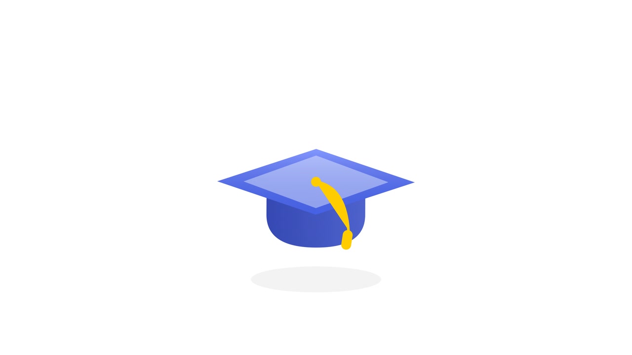 Tocco di laurea animato che fluttua su sfondo bianco.