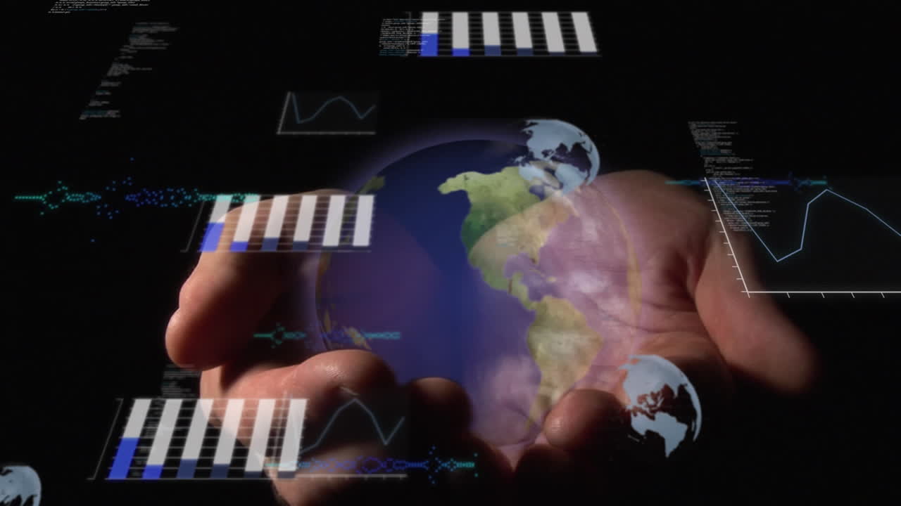 animación del procesamiento de datos financieros en todo el mundo en manos