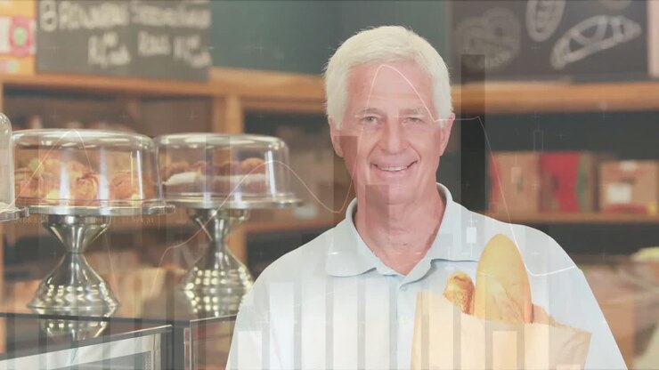Animation of financial data processing over caucasian man shopping in grocery store