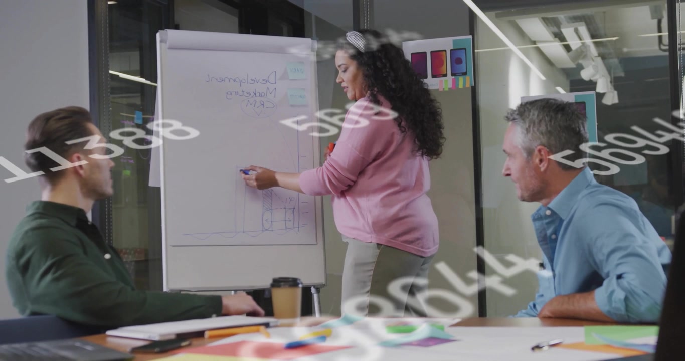Una donna introduce un argomento di business e disegna grafici a barre di crescita su una lavagna a fogli mobili mentre i numeri scorrono.