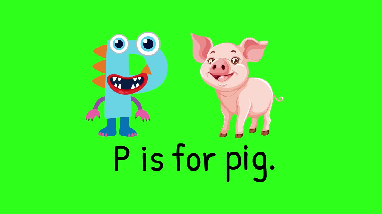 Bright animation with a playful monster and pig illustrating the letter P. Simple transitions and vibrant colors create an engaging learning experience