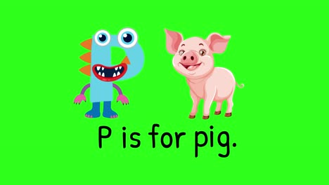 bright animation with a playful monster and pig illustrating the letter p. simple transitions and vibrant colors create an engaging learning experience