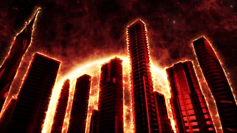 flaming skyscrapers on the background of a red star. looping video