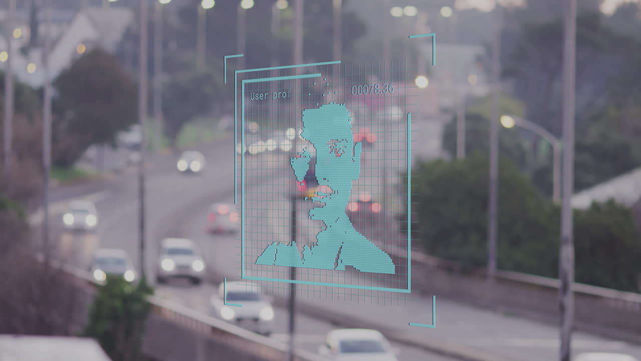 Digital facial recognition animation over busy highway with moving cars
