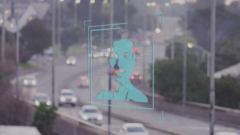digital facial recognition animation over busy highway with moving cars