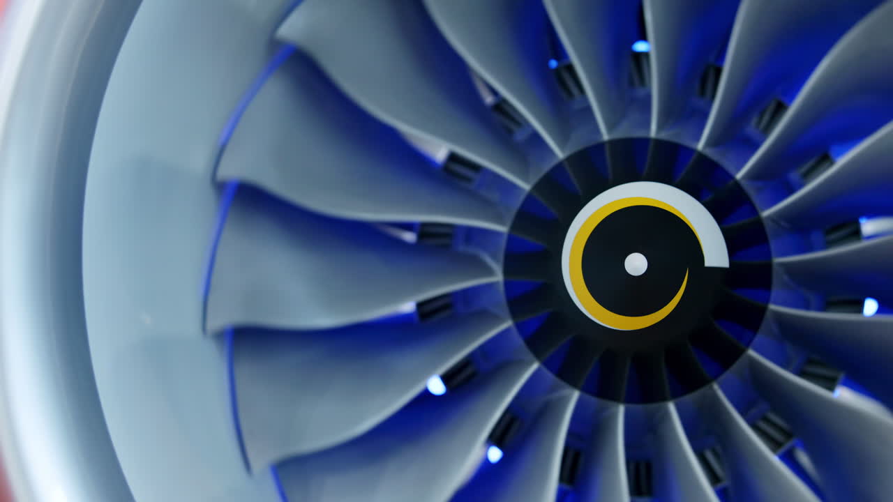 Close-up of a Jet Engine Turbine with Blue Light