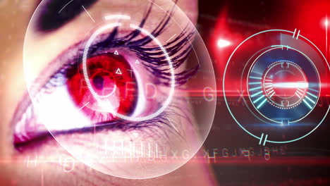 animation of digital interface and clock over woman's eyes