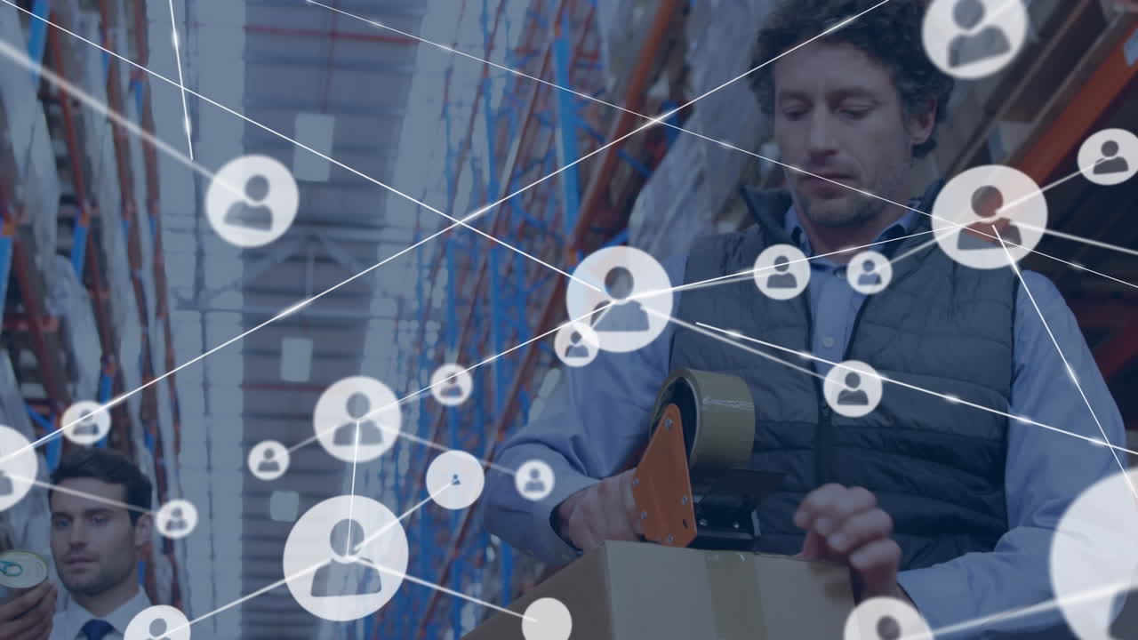 창고에서 백인 남성 노동자들에 대한 아이콘과 연결 네트워크의 애니메이션