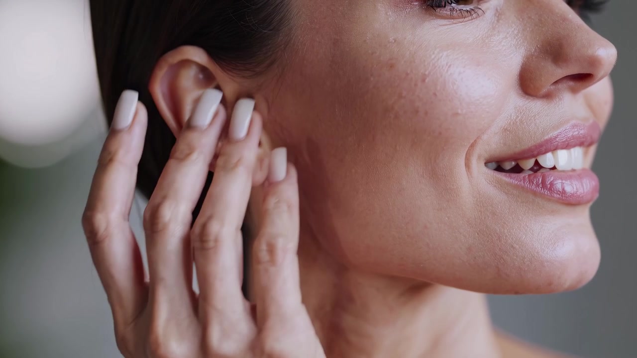 Primo piano di una donna sorridente che si tocca il viso