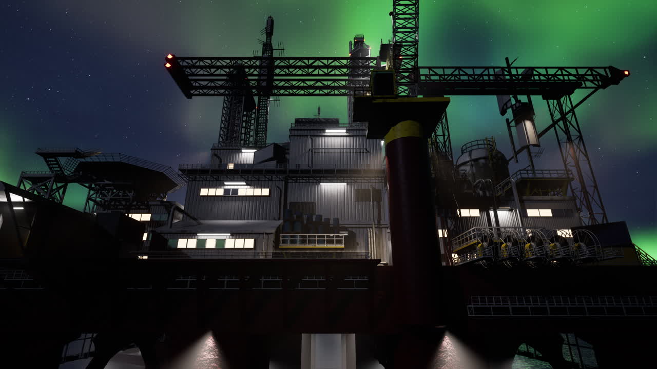 Offshore-installation i havet under funklende aurora borealis