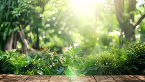 a wooden table in the middle of a lush green forest